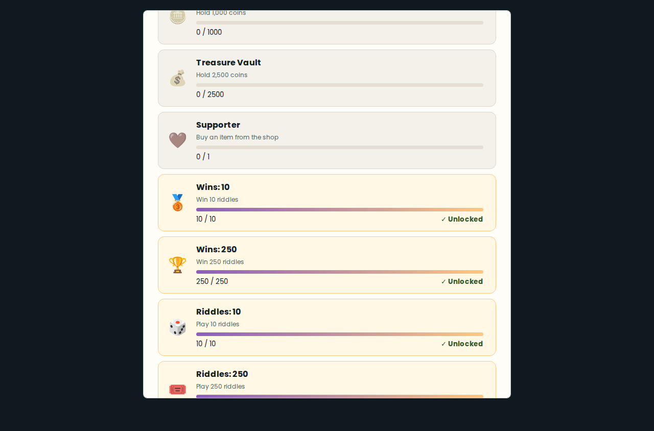 Achievement cards showing the new win and riddle milestones with progress bars and unlocked states in a local verification run using test counters.