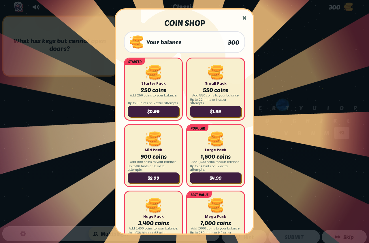 The updated coin shop explaining how many hints or extra attempts each pack can buy, captured in the local browser test harness.