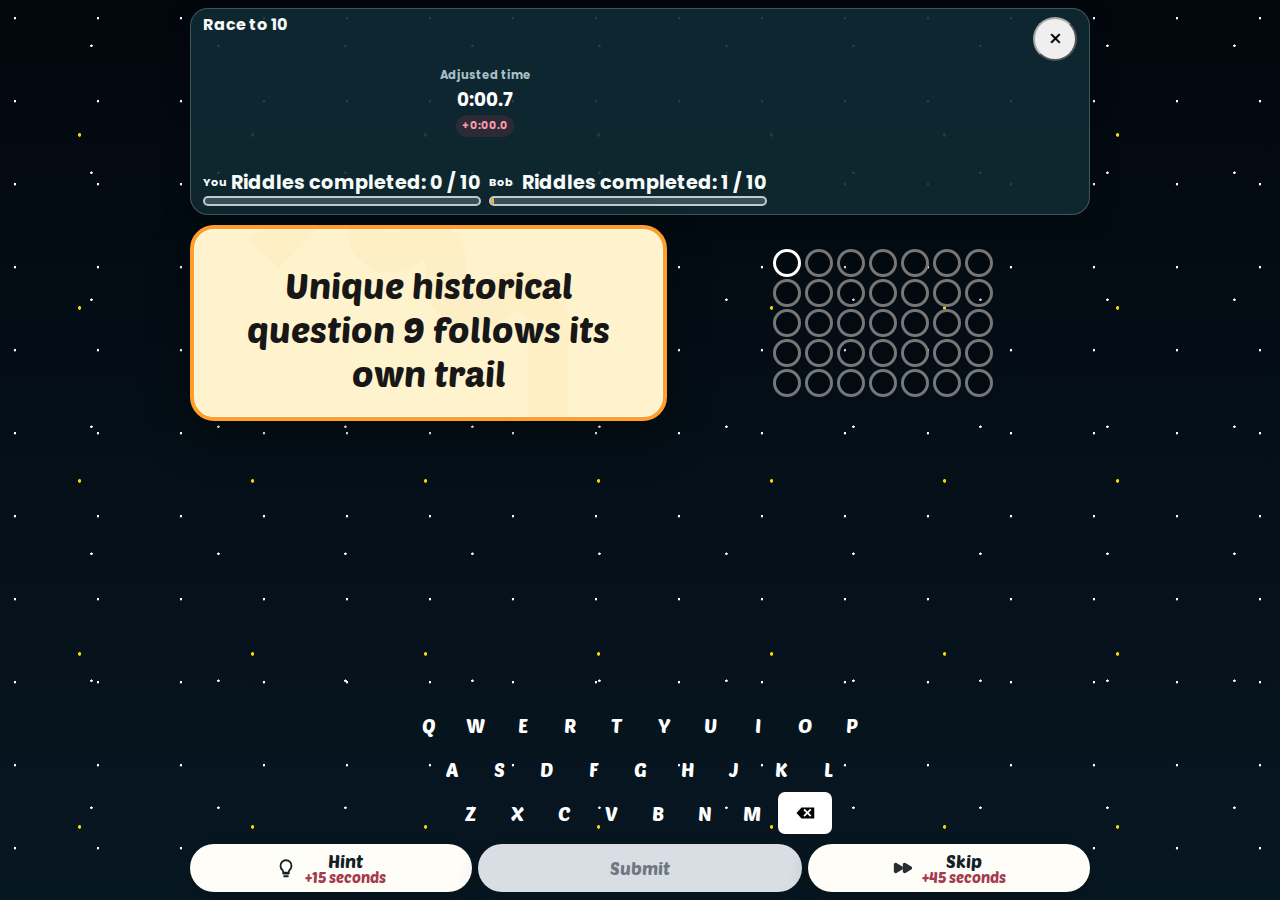 Race to 10 showing both players' completion counters, adjusted time, and hint and skip penalties in a local verification run with fixture questions.